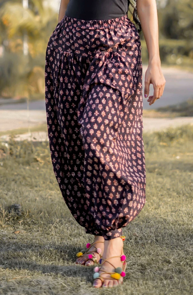 Black Haram Cum Dhoti Cotton Pants with Bagru Handblock Print-4.webp